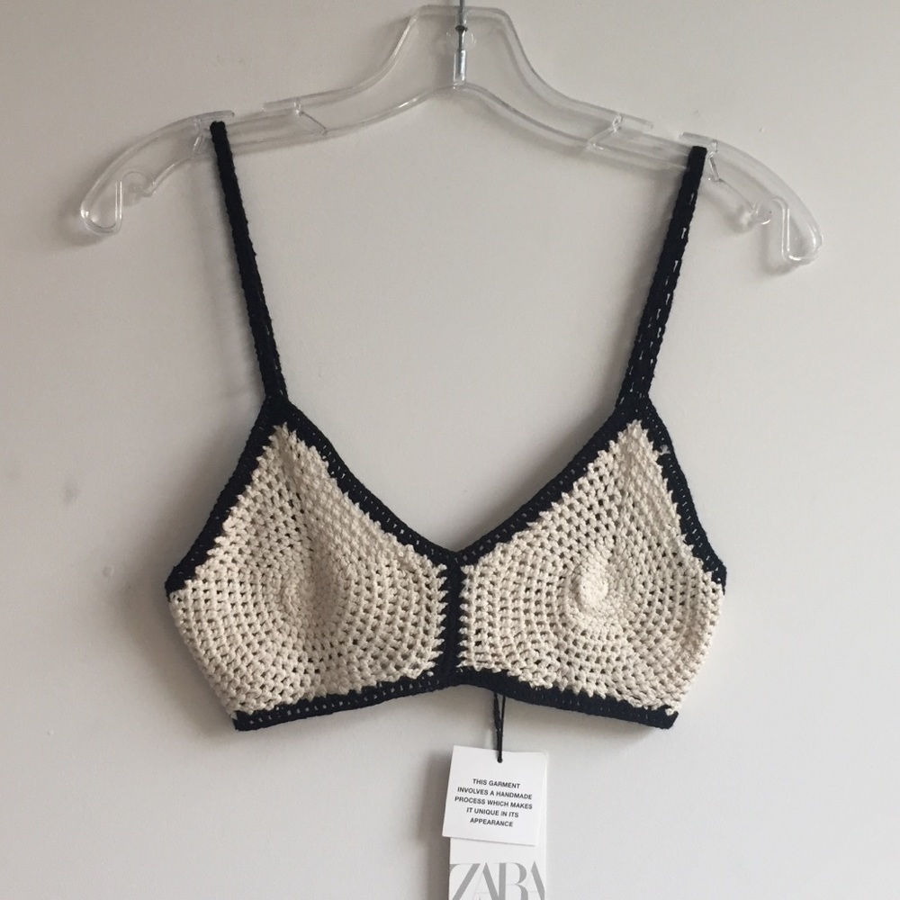 Zara cream black trim crochet knit bralette top - Picture 2 of 9